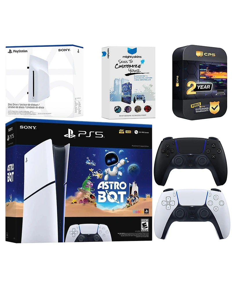 Sony PlayStation 5 Astro Bot Slim Digital Bundle with Disc Drive, Extra Controller, MightySkins Voucher and 2 Year Extended Warranty - Volcanic Red