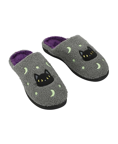 Generic Men's Halloween Black Cat Glow Moon & Stars Adult Gray Scuff Slippers-Large