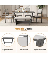 6-piece Retro Farmhouse Style Dining Set, Rectangular Table and 4 Upholstered Chairs with Rattan Bench for Room Kitchen