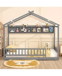 Gymax Twin Size House Bed w/Storage Shelf Headboard & Guardrail Wooden Slat Support