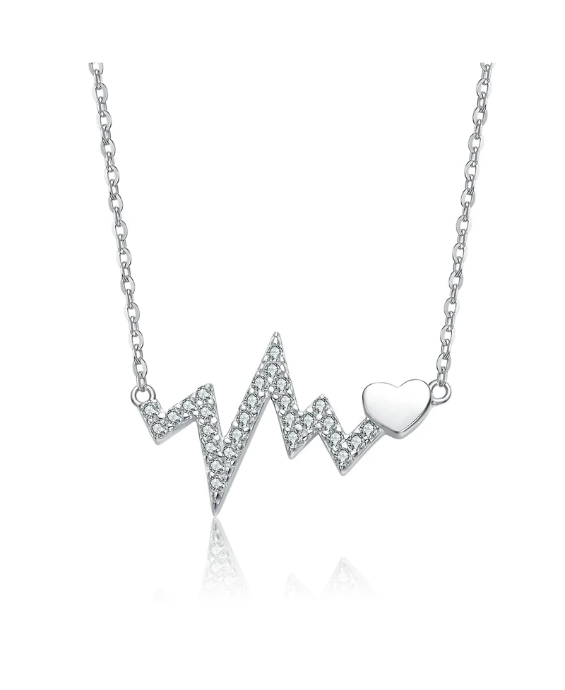Rachel Glauber White Gold Plated with Clear Cubic Zirconia Heartbeat Bar Necklace