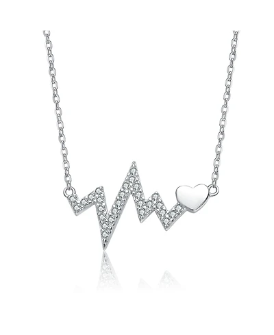 Rachel Glauber White Gold Plated with Clear Cubic Zirconia Heartbeat Bar Necklace