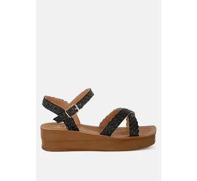 Sephone Woven Square Toe Wedges Sandals Women