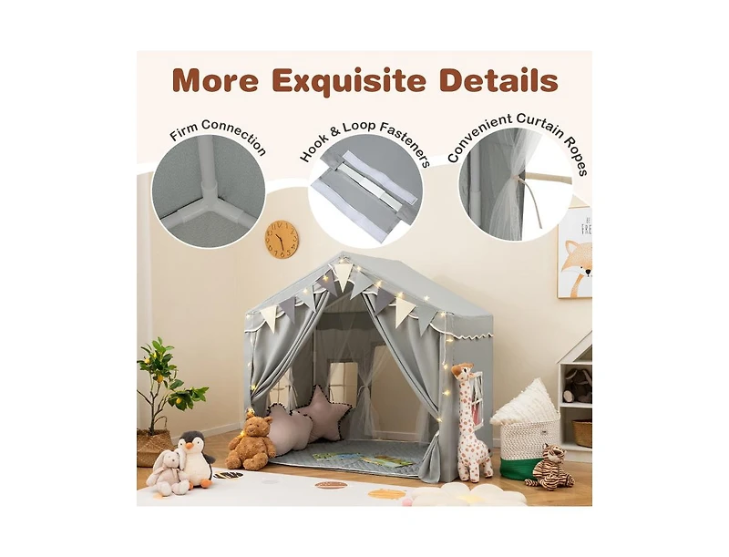 Large Play Tent House for 3-4 Kids with 2 Doors & Star Lights – Gray