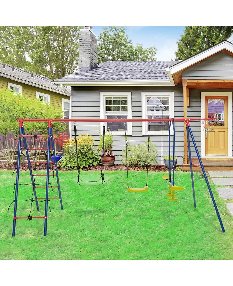 550 Lbs 6-in-1 Patio Kids Swing Set with Climbing Net and Ladder