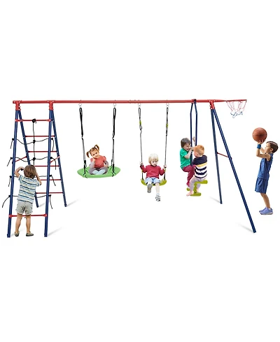 550 Lbs 6-in-1 Patio Kids Swing Set with Climbing Net and Ladder