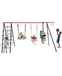550 Lbs 6-in-1 Patio Kids Swing Set with Climbing Net and Ladder
