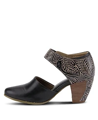 L'Artiste Women's Toolie Hand-Painted Leather D'Orsay Mary Jane Heels with Tooled Details, Hook-and-Loop Strap, Padded Collar, and Stacked Heel