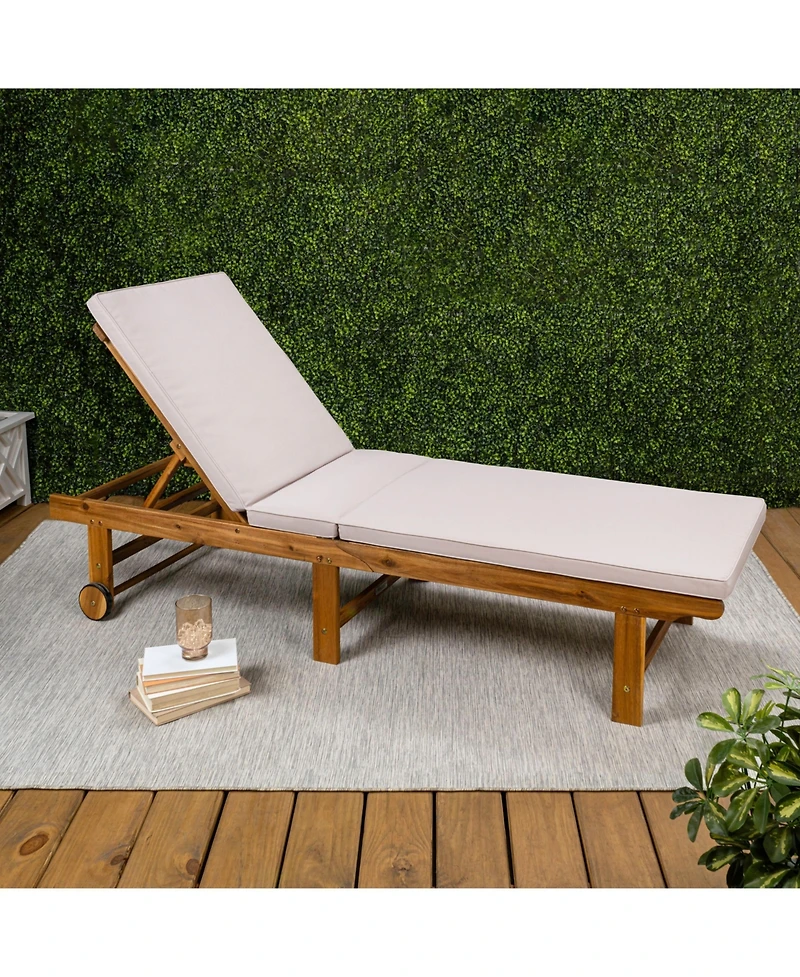 Jonathan Y Mallorca Modern Classic Foldable Adjustable Wood Chaise Outdoor Lounge Chair with Cushion & Wheels