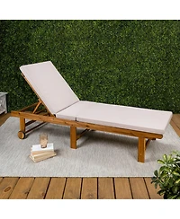 Jonathan Y Mallorca Modern Classic Foldable Adjustable Wood Chaise Outdoor Lounge Chair with Cushion & Wheels