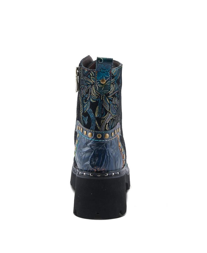 L Artiste Women s Severity Hand-Painted Lace-Up Combat Boot with Studs, Suede Shaft, and Lug Sole