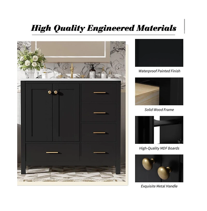 Chic Crate-36In Bathroom Vanity Ceramic Sink w/4 Drawers & Soft-Close Doors | Solid Wood Frame | Freestanding | Black