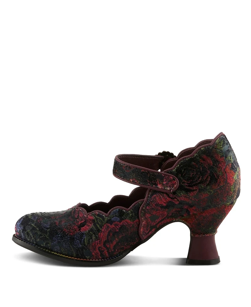 L'Artiste Women's Adodora-Prit Baroque Mary Jane Shoes with Velvet and Leather Upper, Scalloped Edges, Antique Buckle, Cushioned Insole, Sculpted