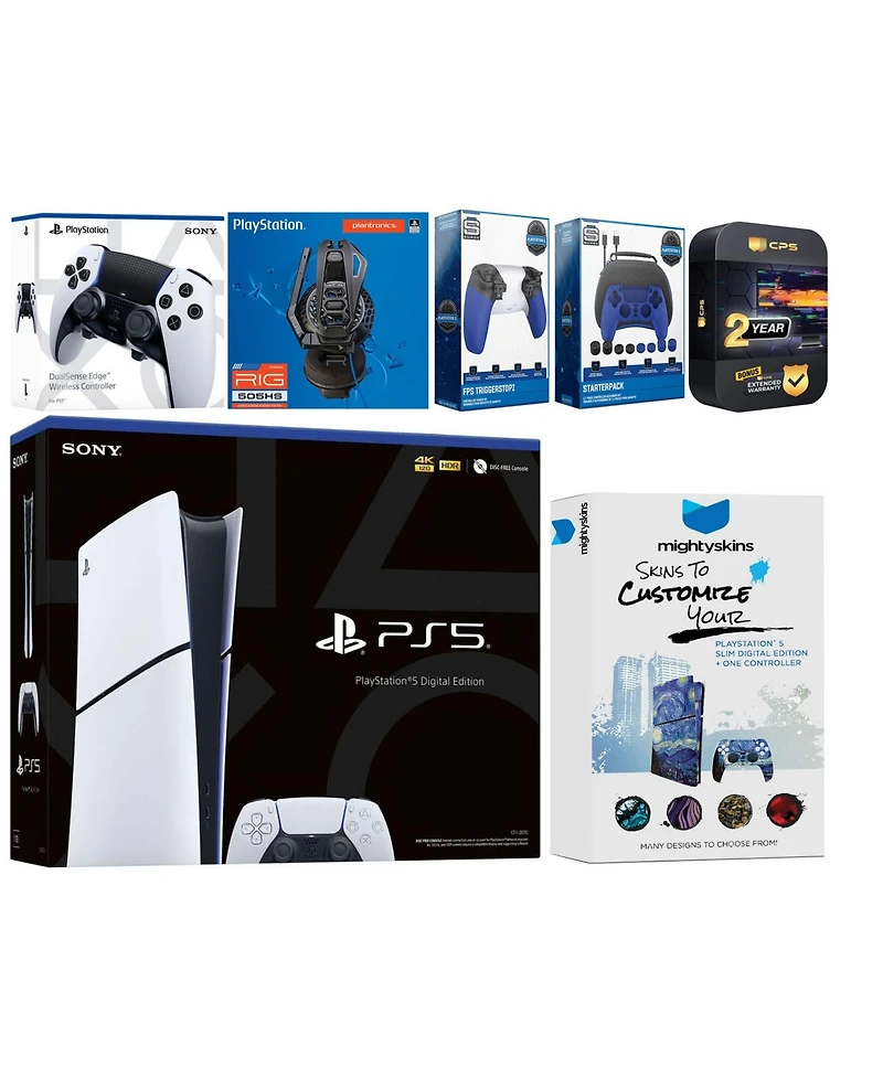 Sony Playstation 5 Slim Digital with Extra Edge Controller, Plantronics Headset, Gamer Kit, Trigger Kit and MightySkins Decal Voucher + 2 Year Cps Ext