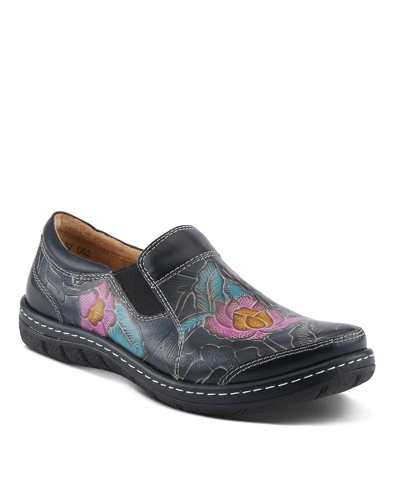 L'Artiste Women's Annawan Floral Embossed Handpainted Leather Comfort Slip-On Shoes with Stretch Gore and Padded Collar