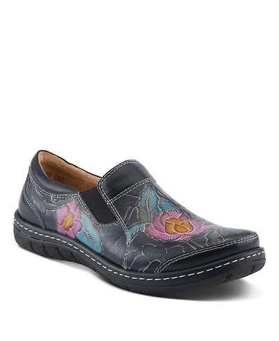 L'Artiste Women's Annawan Floral Embossed Handpainted Leather Comfort Slip-On Shoes with Stretch Gore and Padded Collar