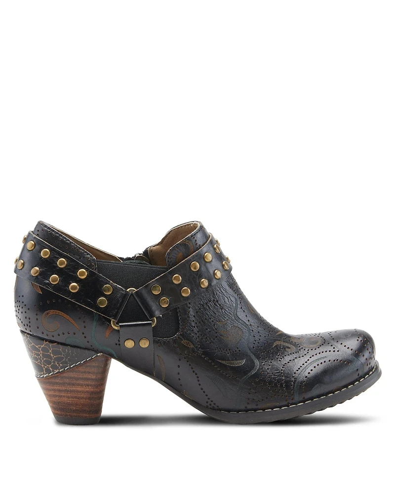 L'Artiste Women's Kacielou Western Shooties with Hand-Painted Leather, Studded Ankle Strap, Elastic Goring, and Cone Heel – Burnished Embossed Booties