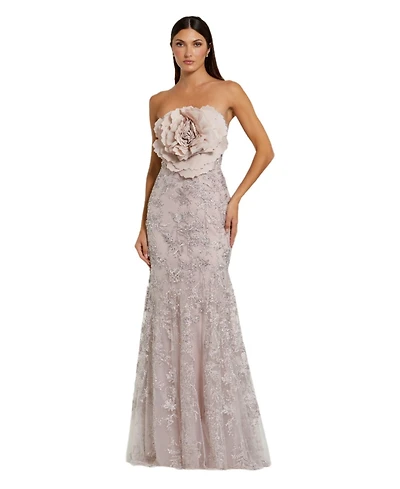 Mac Duggal Women's Strapless Beaded Applique Mermaid Gown With Flower