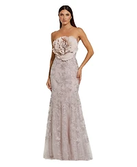 Mac Duggal Women's Strapless Beaded Applique Mermaid Gown With Flower