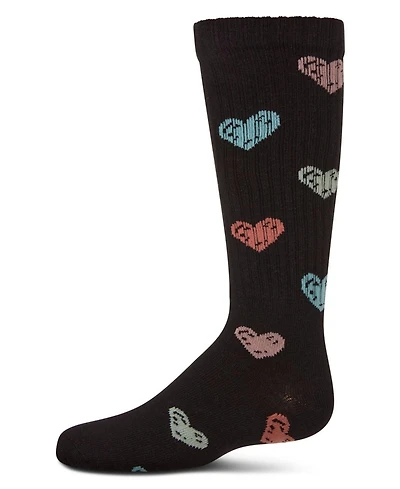 Memoi Little Girls Ribbed Cotton Blend "Multi Graffiti Hearts" Knee Sock