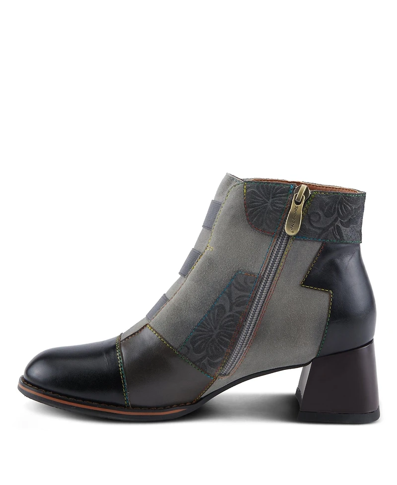 L'Artiste Women's Copine Multicolor Embossed Leather & Suede Booties with Velvet Lining and Chunky Heel