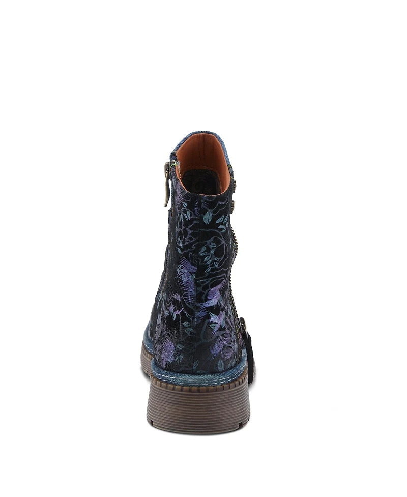 L'Artiste Women's Avrilrose Leather and Denim Booties with Daisy Accents, Lug Sole, Dual Zippers, Urban Grunge Design – Unique Mixed-Material Ankl