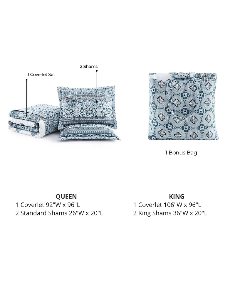 Bebejan Aquamarine Medallion 100% Cotton Sateen 3 Piece King Size Reversible Quilted Coverlet Set