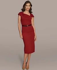 Donna Karan New York Womens Short Sleeves Asymmetric Belted Sweater Straight Sweater Skirt