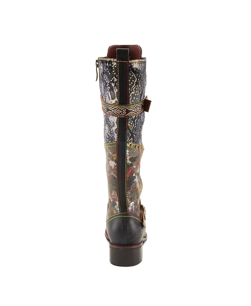 L'Artiste Women's Vaneyck Hand-Painted Tall Boots with Iridescent Leather, Double Buckle Detail, Lace-Up and Zipper Closure, Rainbow Stitching, Ru