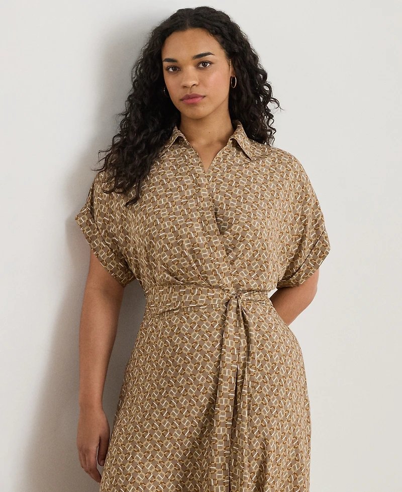 Lauren Ralph Plus Geo-Print Belted Crepe Dress