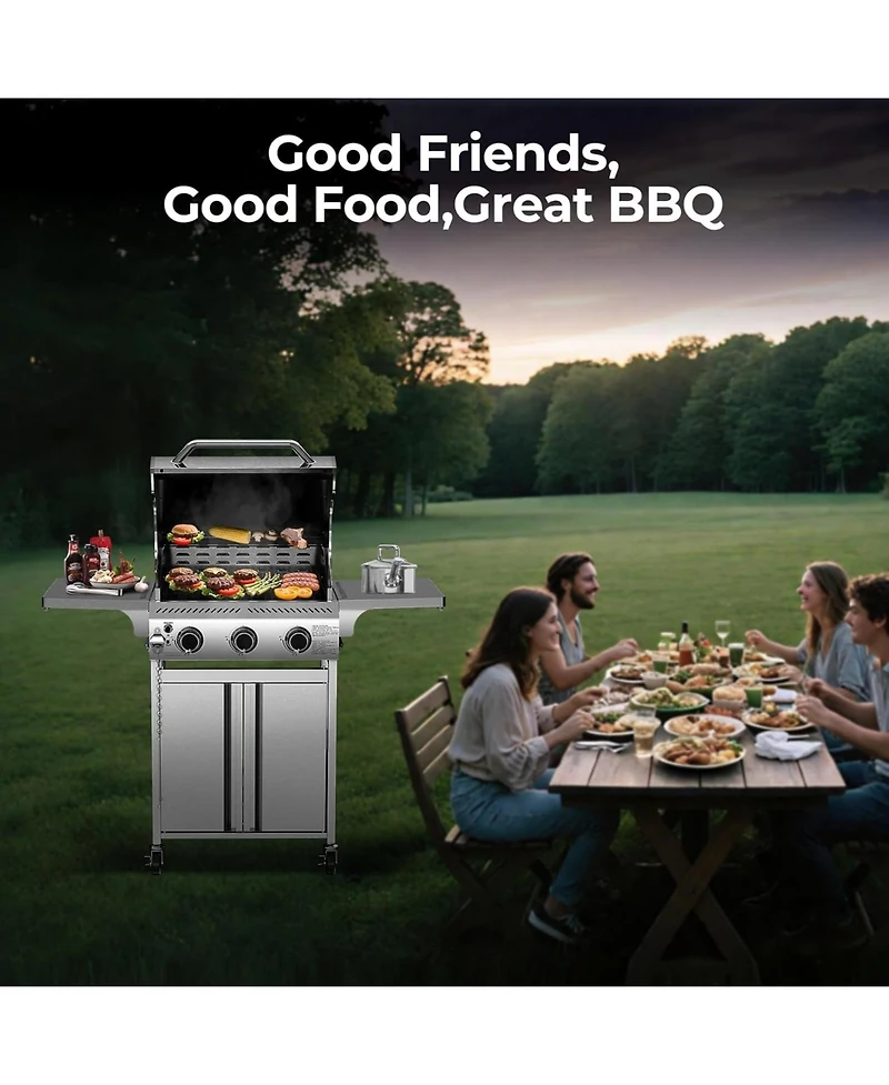 Cowsar Food Grade Stainless Steel 3-Burner Propane Gas Grill, 24000BTU , Foldable Side Table, Barbecue Grill for Outdoor Cooking, Backyard, Patio