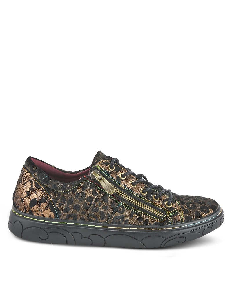 L Artiste Women s Danli-cheeta Hand Painted Leather Platform Sneakers with Metallic Floral Accents and Removable Insole