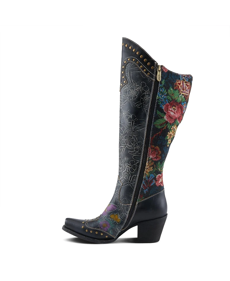 L'Artiste Women's Mallorie Hand-Painted Cowboy Boots with Floral and Butterfly Shaft Design, Snip Toe, Inside Zipper, Velvet Lining – Weste
