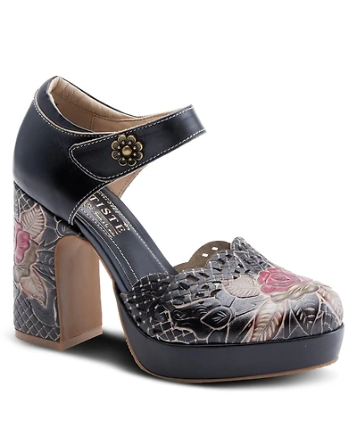 L'Artiste Women's Debbihary Hand-Painted Leather Mary Jane Pumps with Rose Embossing, Cutouts, Adjustable Strap, and 4-Inch Leather-Wrapped Heel – Ele