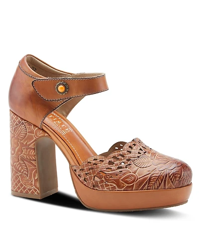 L'Artiste Women's Debbihary Hand-Painted Leather Mary Jane Pumps with Rose Embossing, Cutouts, Adjustable Strap, and 4-Inch Leather-Wrapped Heel – Ele