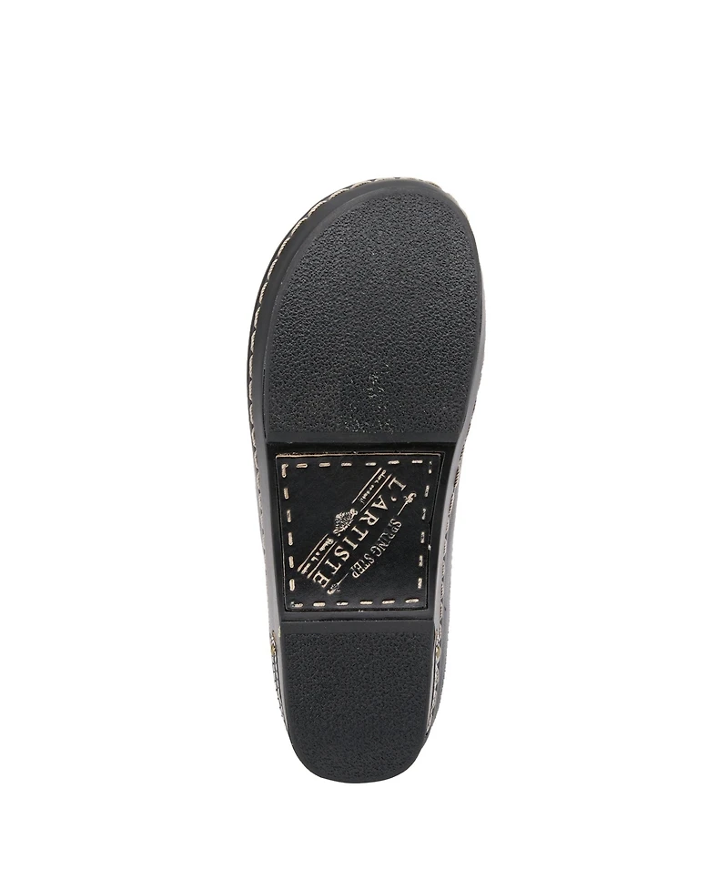 L Artiste Women s Burbank Hand-Painted Leather Clogs with Floral Embossing and Elastic Insets