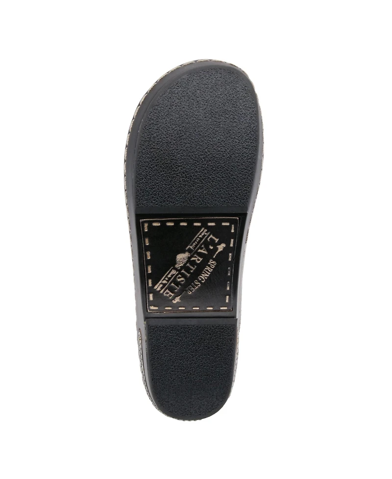 L Artiste Women s Chino Hand-Painted Open-Back Leather Clog with Embossed Details and Elastic Inset