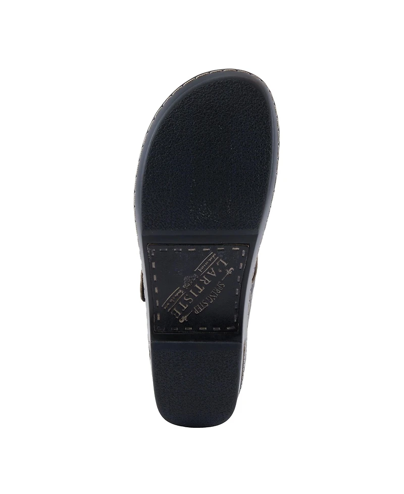 L'Artiste Women's Flochino Hand-Painted Leather Clogs with Floral Ankle Strap, Scalloped Edges, Brass Buckles, and Plush Microsuede Footbed –