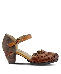 L'Artiste Women's Adodora Floral Tapestry Mary Jane Heels with Hook-and-Loop Strap, Scalloped Edges, Decorative Buckle, Cushioned Insole, and Flexible