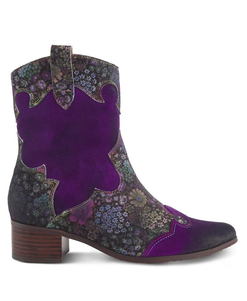 L'Artiste Women's Ladyluck Western Suede Booties with Floral Overlay and Block Heel