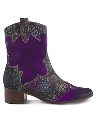 L'Artiste Women's Ladyluck Western Suede Booties with Floral Overlay and Block Heel