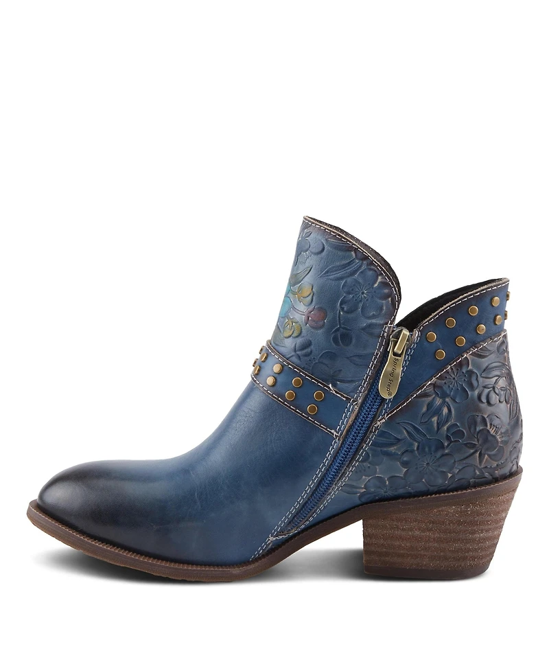 L'Artiste Women's Daintylady Western Ankle Boots with Hand-Painted Floral Embossing, Studded Belt Detail, Side Zipper, and 2¼" Heel –