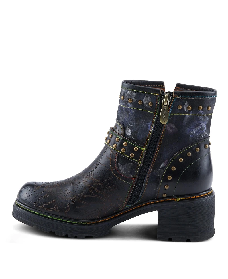 L'Artiste Women's Branchout Hand-Painted Leather Booties with Etched Botanical Motifs, Studded Buckle Strap, Inside Zipper, and Rainbow Stitching