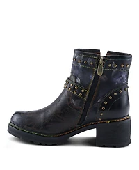 L'Artiste Women's Branchout Hand-Painted Leather Booties with Etched Botanical Motifs, Studded Buckle Strap, Inside Zipper, and Rainbow Stitching