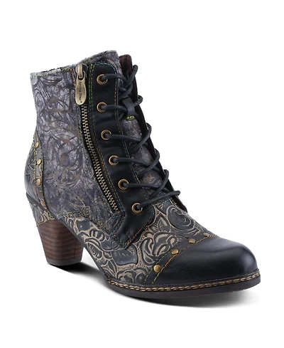 L'Artiste Women's Avyanna Velvet and Leather Ankle Boots with Embossed Floral Design, Cap Toe, Dual Zippers, Low Heel – Romantic Hand-Painted Stat