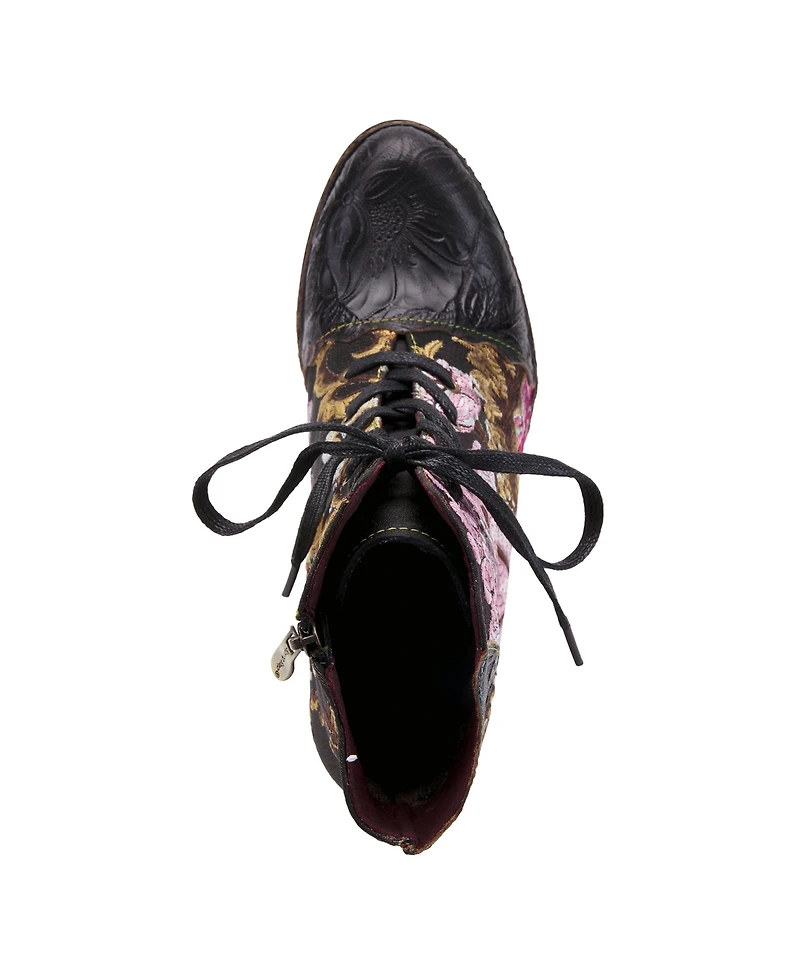 L'Artiste Women's Siren Embroidered Floral Lace-Up Booties with Embossed Leather, Scalloped Trim & Cone Heel