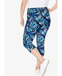 Woman Within Plus Stretch-Cotton Knit Pull-On Printed Capri Leggings