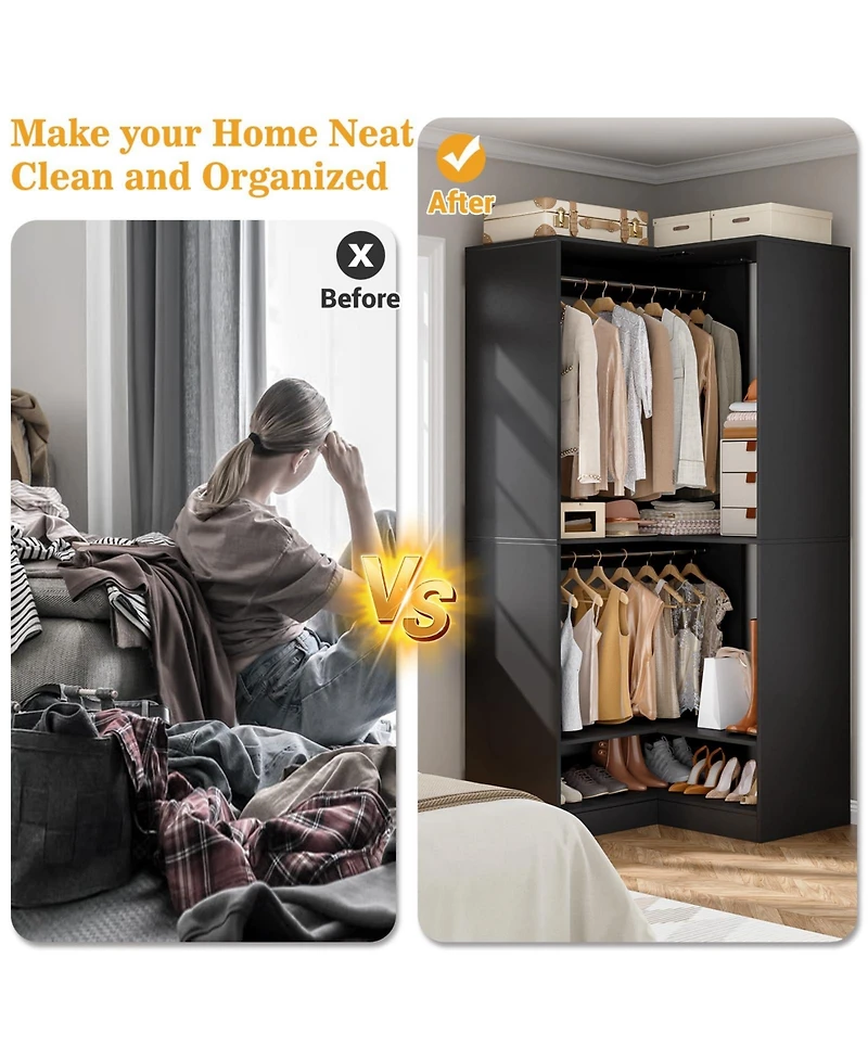Corner Closet System with Upper & Lower Hanging Areas, Wardrobe Organizer Shoe Shelf