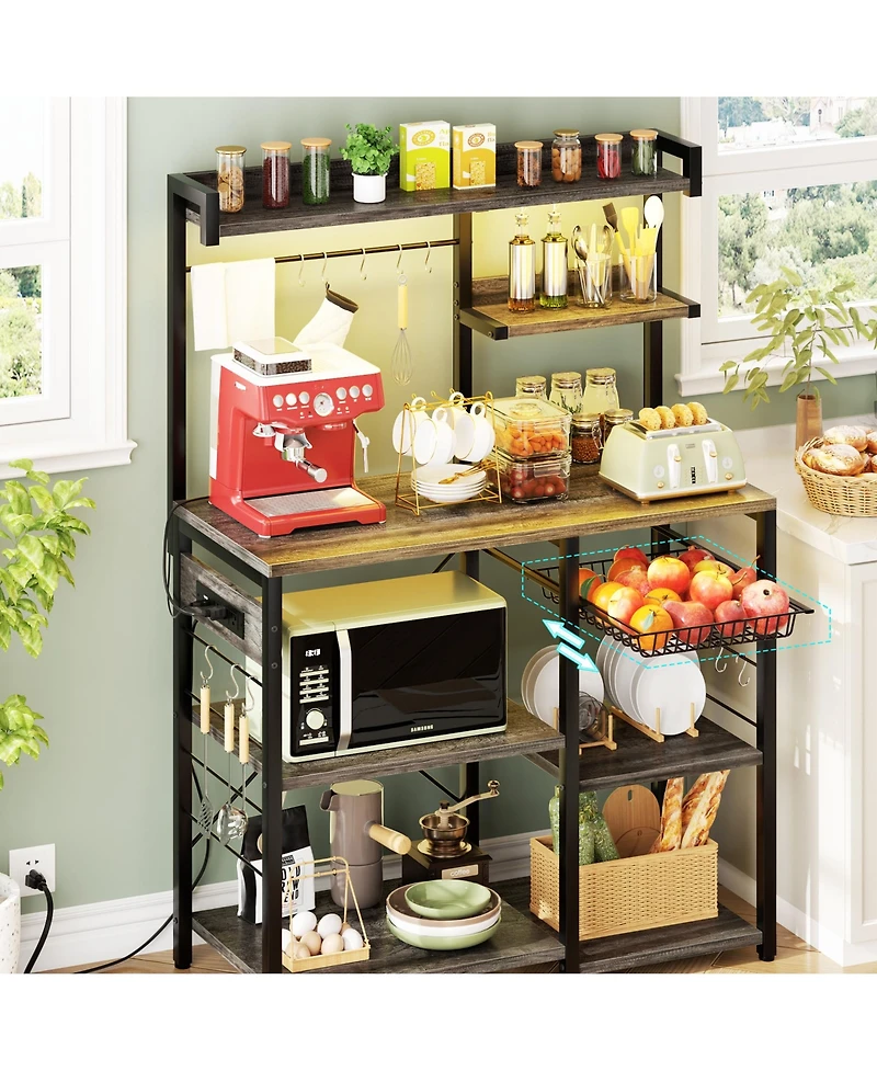 Kitchen Storage Shelf with Hooks, Coffee Bar Station with Power Outlets & Led Light, Bakers Rack with Pull-Out Basket