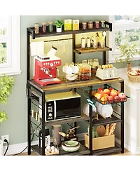Kitchen Storage Shelf with Hooks, Coffee Bar Station with Power Outlets & Led Light, Bakers Rack with Pull-Out Basket
